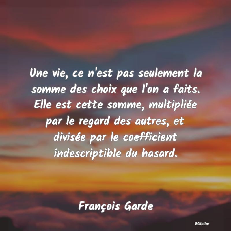 image de citation: Une vie, ce n'est pas seulement la somme des choix que l'on a faits. Elle est cette somme, multipliée par le regard des autres, et divisée par le coefficient indescriptible du hasard.