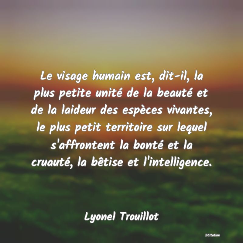 image de citation: Le visage humain est, dit-il, la plus petite unité de la beauté et de la laideur des espèces vivantes, le plus petit territoire sur lequel s'affrontent la bonté et la cruauté, la bêtise et l'intelligence.