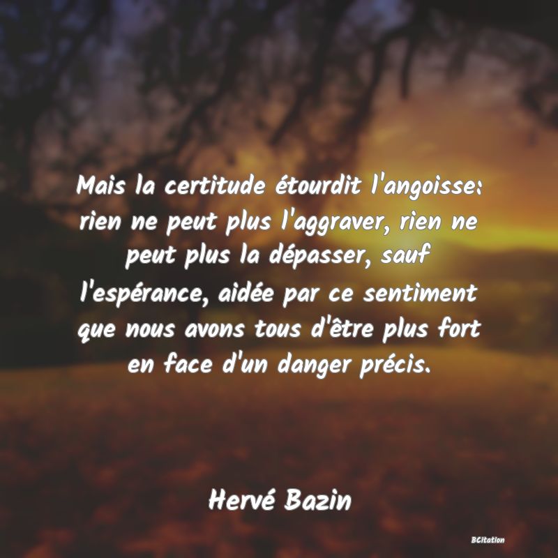 Belle Citation - Mais la certitude étourdit l'angoisse: rien ne peut plus l'aggraver, rien ne peut plus la dépasser, sauf l'espérance, aidée par ce sentiment que nous avons tous d'être plus fort en face d'un danger précis. - Hervé Bazin