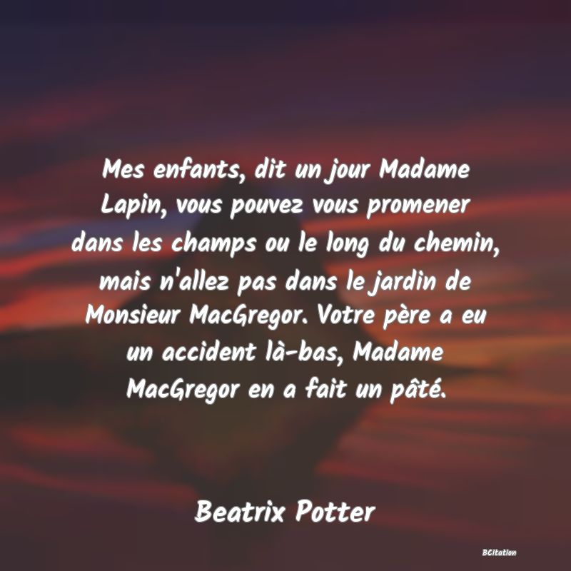 image de citation: Mes enfants, dit un jour Madame Lapin, vous pouvez vous promener dans les champs ou le long du chemin, mais n'allez pas dans le jardin de Monsieur MacGregor. Votre père a eu un accident là-bas, Madame MacGregor en a fait un pâté.