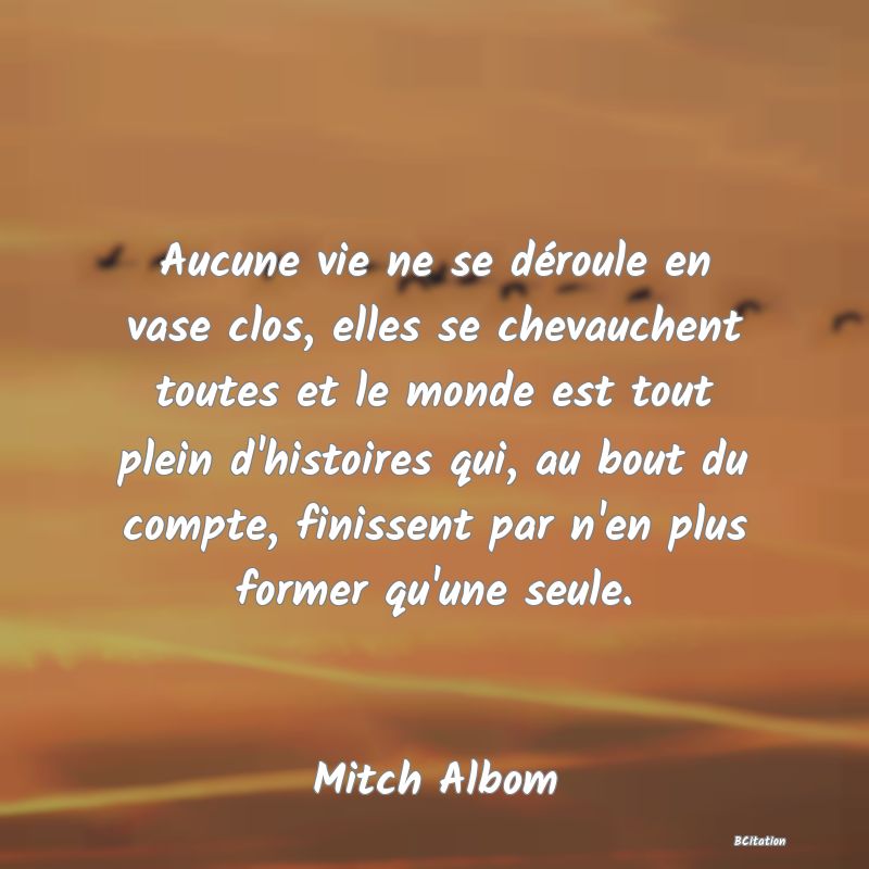 image de citation: Aucune vie ne se déroule en vase clos, elles se chevauchent toutes et le monde est tout plein d'histoires qui, au bout du compte, finissent par n'en plus former qu'une seule.