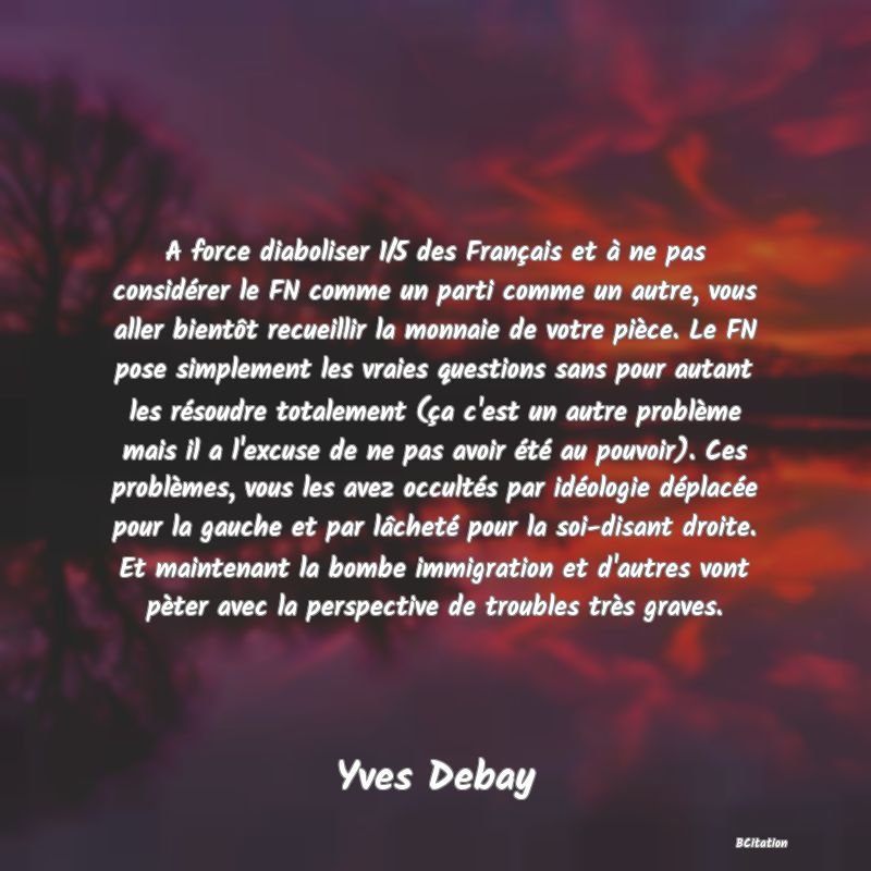 image de citation: A force diaboliser 1/5 des Français et à ne pas considérer le FN comme un parti comme un autre, vous aller bientôt recueillir la monnaie de votre pièce. Le FN pose simplement les vraies questions sans pour autant les résoudre totalement (ça c'est un autre problème mais il a l'excuse de ne pas avoir été au pouvoir). Ces problèmes, vous les avez occultés par idéologie déplacée pour la gauche et par lâcheté pour la soi-disant droite. Et maintenant la bombe immigration et d'autres vont pèter avec la perspective de troubles très graves.