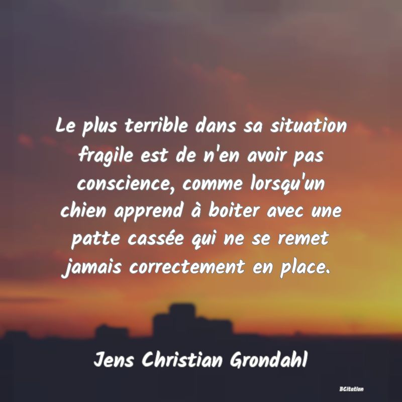 image de citation: Le plus terrible dans sa situation fragile est de n'en avoir pas conscience, comme lorsqu'un chien apprend à boiter avec une patte cassée qui ne se remet jamais correctement en place.