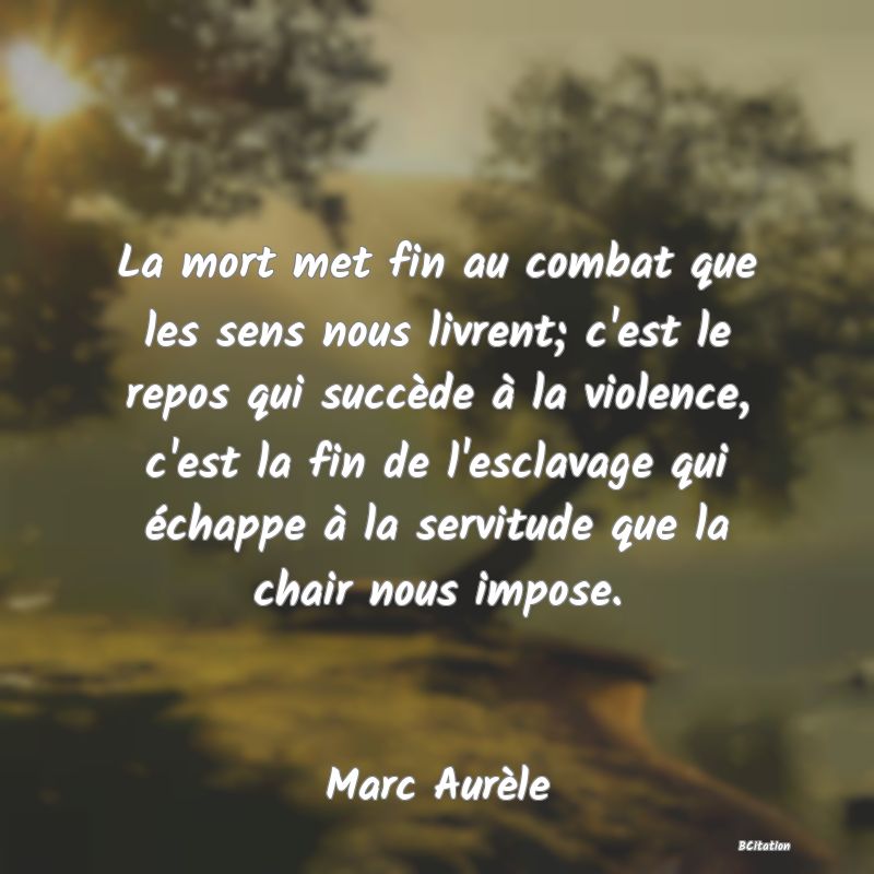 image de citation: La mort met fin au combat que les sens nous livrent; c'est le repos qui succède à la violence, c'est la fin de l'esclavage qui échappe à la servitude que la chair nous impose.