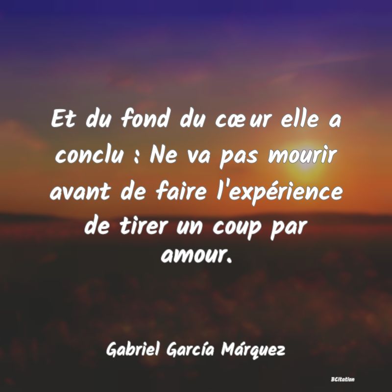 image de citation: Et du fond du cœur elle a conclu : Ne va pas mourir avant de faire l'expérience de tirer un coup par amour.