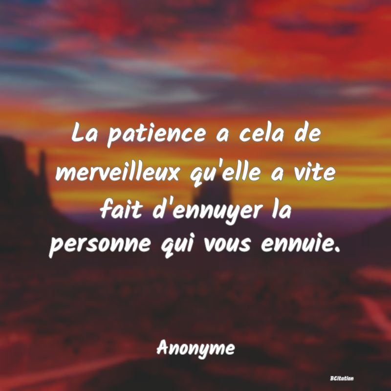 image de citation: La patience a cela de merveilleux qu'elle a vite fait d'ennuyer la personne qui vous ennuie.