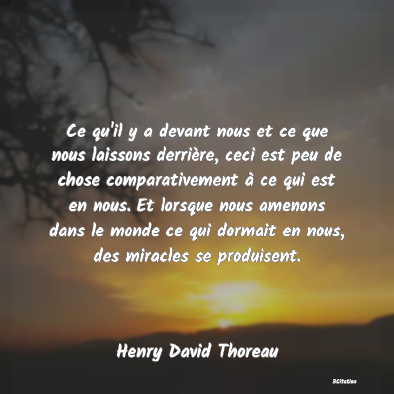 Belle Citation - Ce qu'il y a devant nous et ce que nous laissons derrière, ceci est peu de chose comparativement à ce qui est en nous. Et lorsque nous amenons dans le monde ce qui dormait en nous, des miracles se produisent. - Henry David Thoreau