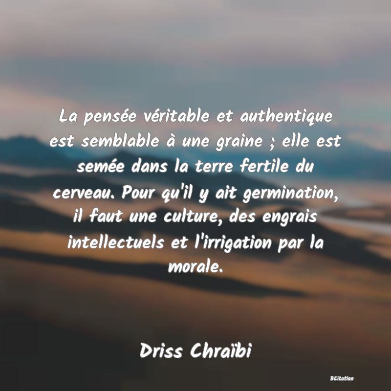 image de citation: La pensée véritable et authentique est semblable à une graine ; elle est semée dans la terre fertile du cerveau. Pour qu'il y ait germination, il faut une culture, des engrais intellectuels et l'irrigation par la morale.