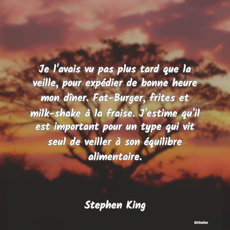 Belle Citation - Je l'avais vu pas plus tard que la veille, pour expédier de bonne heure mon dîner. Fat-Burger, frites et milk-shake à la fraise. J'estime qu'il est important pour un type qui vit seul de veiller à son équilibre alimentaire. - Stephen King
