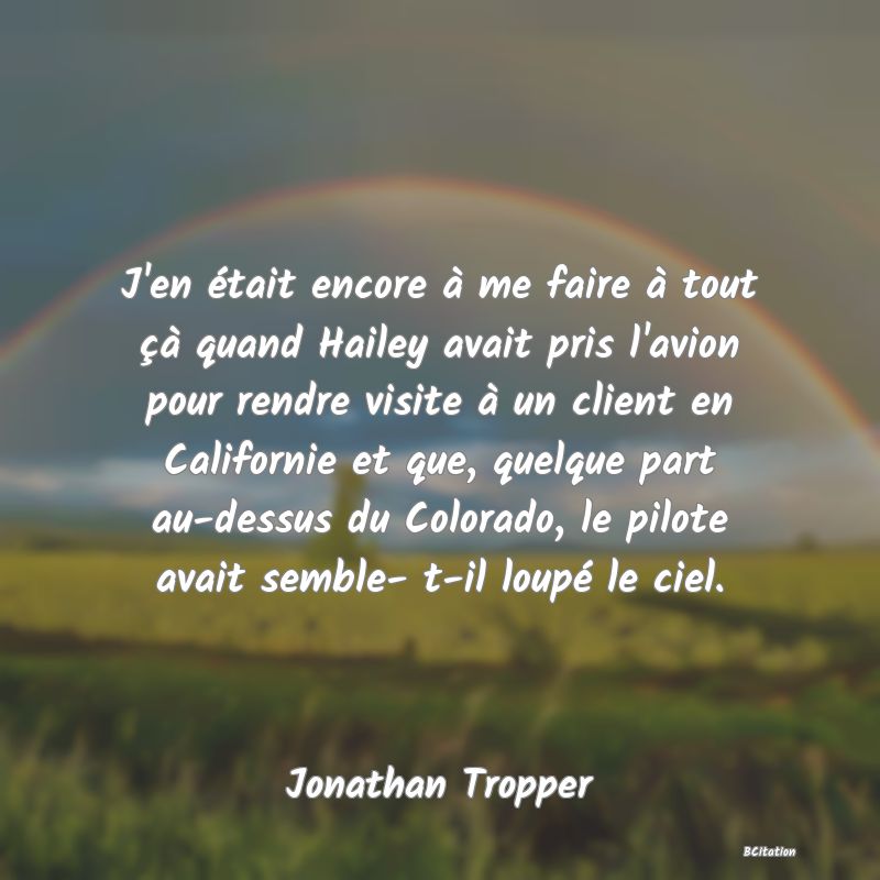 image de citation: J'en était encore à me faire à tout çà quand Hailey avait pris l'avion pour rendre visite à un client en Californie et que, quelque part au-dessus du Colorado, le pilote avait semble- t-il loupé le ciel.