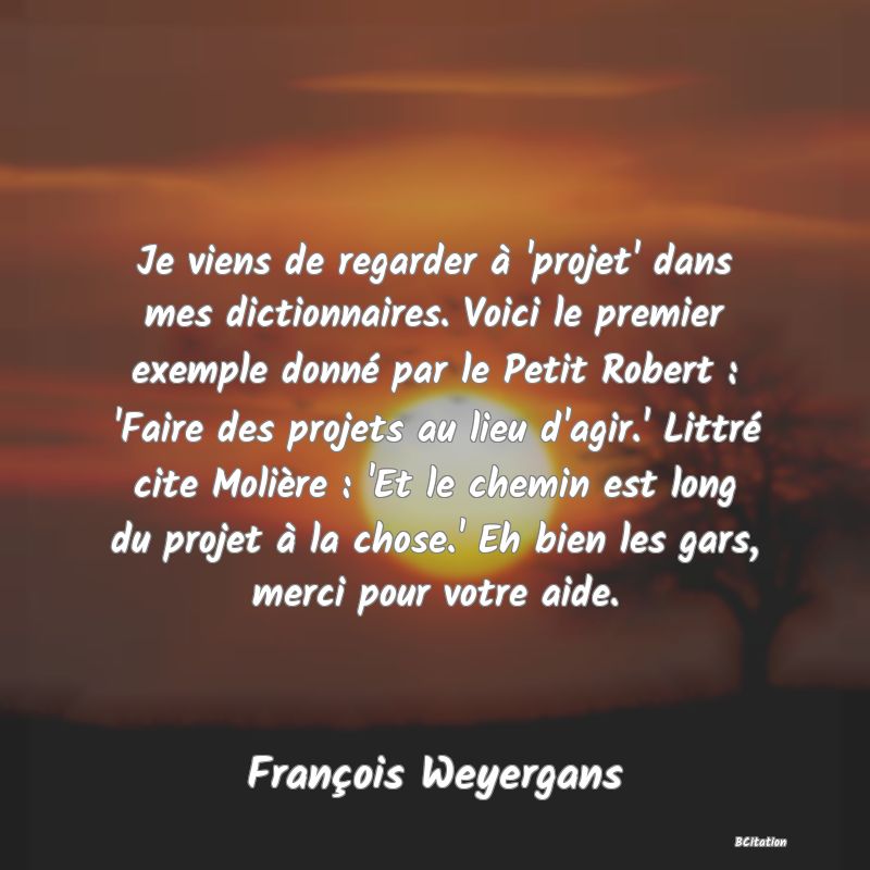 image de citation: Je viens de regarder à 'projet' dans mes dictionnaires. Voici le premier exemple donné par le Petit Robert : 'Faire des projets au lieu d'agir.' Littré cite Molière : 'Et le chemin est long du projet à la chose.' Eh bien les gars, merci pour votre aide.