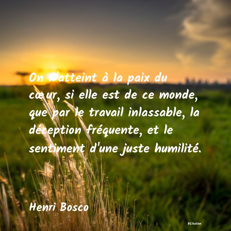 image de citation: On n'atteint à la paix du cœur, si elle est de ce monde, que par le travail inlassable, la déception fréquente, et le sentiment d'une juste humilité.