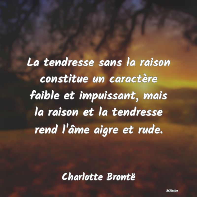 image de citation: La tendresse sans la raison constitue un caractère faible et impuissant, mais la raison et la tendresse rend l'âme aigre et rude.