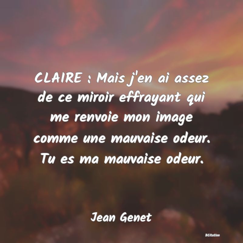 image de citation: CLAIRE : Mais j'en ai assez de ce miroir effrayant qui me renvoie mon image comme une mauvaise odeur. Tu es ma mauvaise odeur.