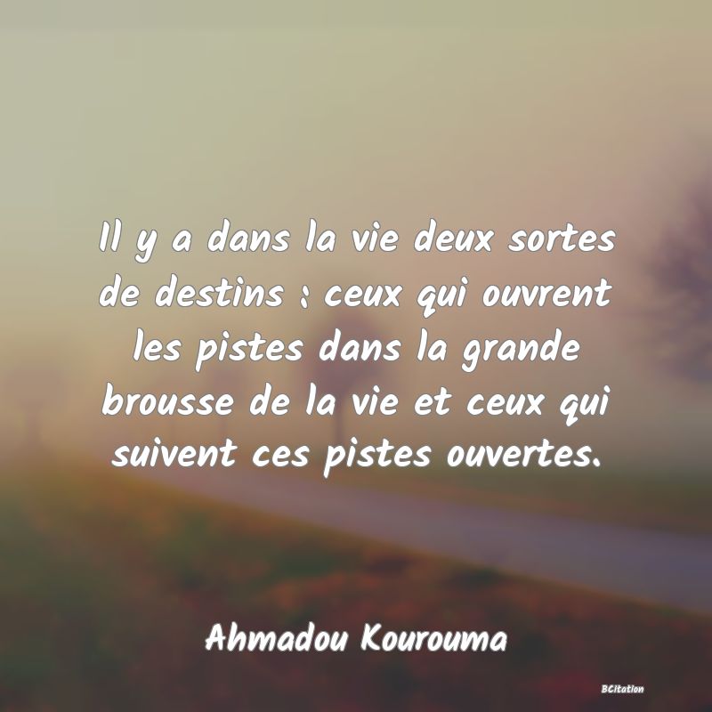 image de citation: Il y a dans la vie deux sortes de destins : ceux qui ouvrent les pistes dans la grande brousse de la vie et ceux qui suivent ces pistes ouvertes.