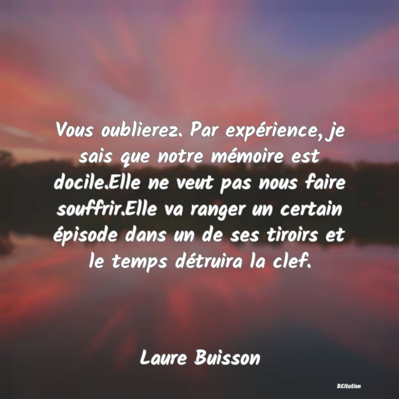 image de citation: Vous oublierez. Par expérience, je sais que notre mémoire est docile.Elle ne veut pas nous faire souffrir.Elle va ranger un certain épisode dans un de ses tiroirs et le temps détruira la clef.