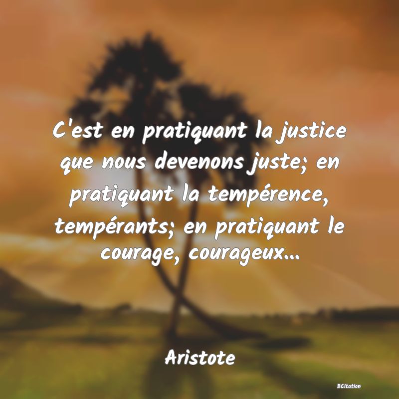 image de citation: C'est en pratiquant la justice que nous devenons juste; en pratiquant la tempérence, tempérants; en pratiquant le courage, courageux...