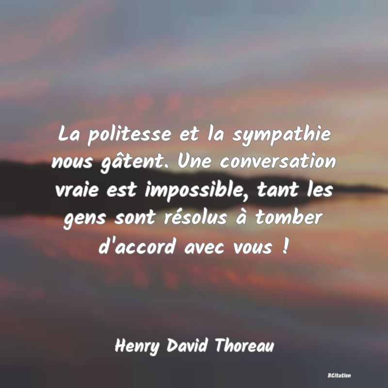 image de citation: La politesse et la sympathie nous gâtent. Une conversation vraie est impossible, tant les gens sont résolus à tomber d'accord avec vous !