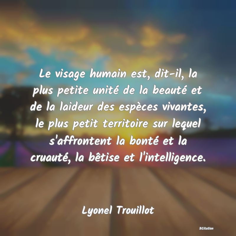 Belle Citation - Le visage humain est, dit-il, la plus petite unité de la beauté et de la laideur des espèces vivantes, le plus petit territoire sur lequel s'affrontent la bonté et la cruauté, la bêtise et l'intelligence. - Lyonel Trouillot