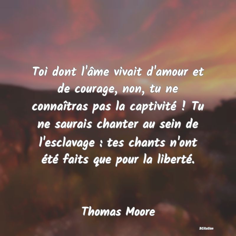 image de citation: Toi dont l'âme vivait d'amour et de courage, non, tu ne connaîtras pas la captivité ! Tu ne saurais chanter au sein de l'esclavage : tes chants n'ont été faits que pour la liberté.