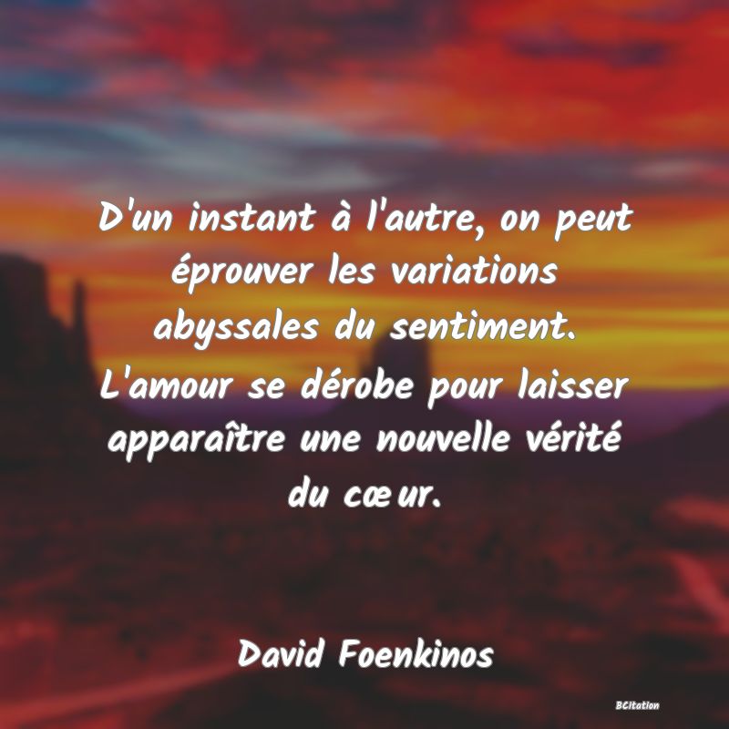 image de citation: D'un instant à l'autre, on peut éprouver les variations abyssales du sentiment. L'amour se dérobe pour laisser apparaître une nouvelle vérité du cœur.