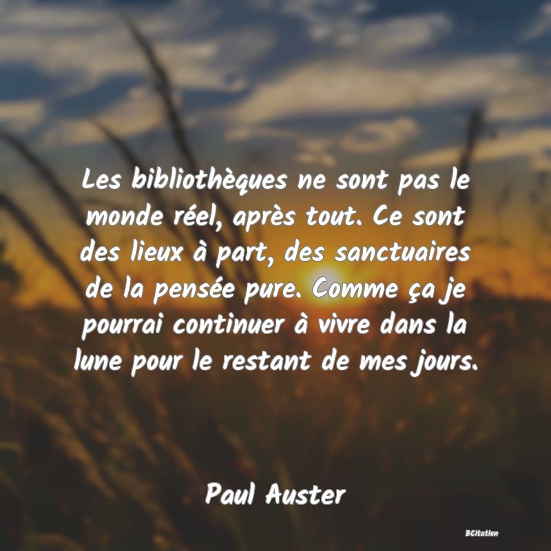 image de citation: Les bibliothèques ne sont pas le monde réel, après tout. Ce sont des lieux à part, des sanctuaires de la pensée pure. Comme ça je pourrai continuer à vivre dans la lune pour le restant de mes jours.