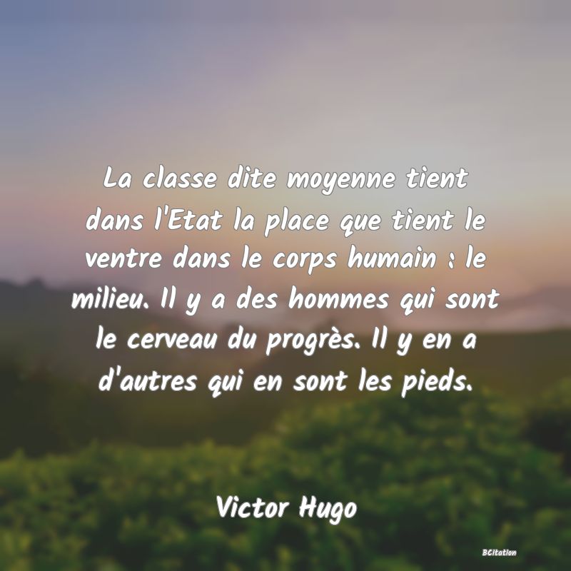 image de citation: La classe dite moyenne tient dans l'Etat la place que tient le ventre dans le corps humain : le milieu. Il y a des hommes qui sont le cerveau du progrès. Il y en a d'autres qui en sont les pieds.