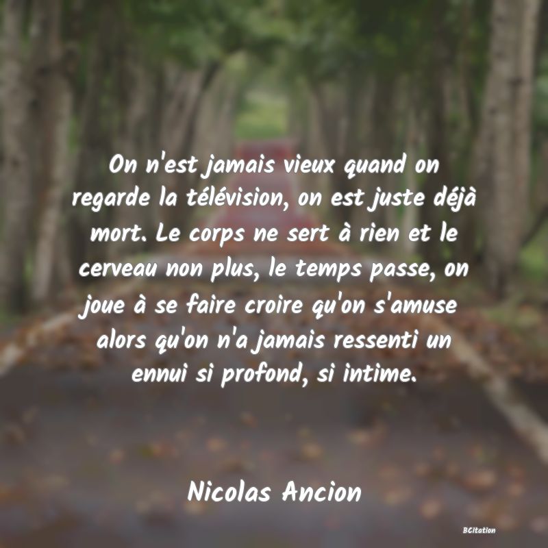 image de citation: On n'est jamais vieux quand on regarde la télévision, on est juste déjà mort. Le corps ne sert à rien et le cerveau non plus, le temps passe, on joue à se faire croire qu'on s'amuse alors qu'on n'a jamais ressenti un ennui si profond, si intime.