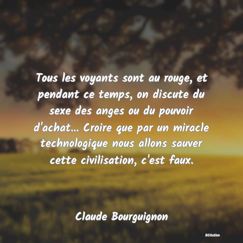 image de citation: Tous les voyants sont au rouge, et pendant ce temps, on discute du sexe des anges ou du pouvoir d'achat... Croire que par un miracle technologique nous allons sauver cette civilisation, c'est faux.