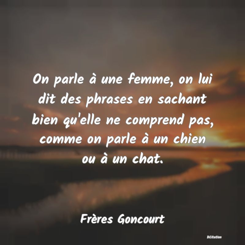 image de citation: On parle à une femme, on lui dit des phrases en sachant bien qu'elle ne comprend pas, comme on parle à un chien ou à un chat.