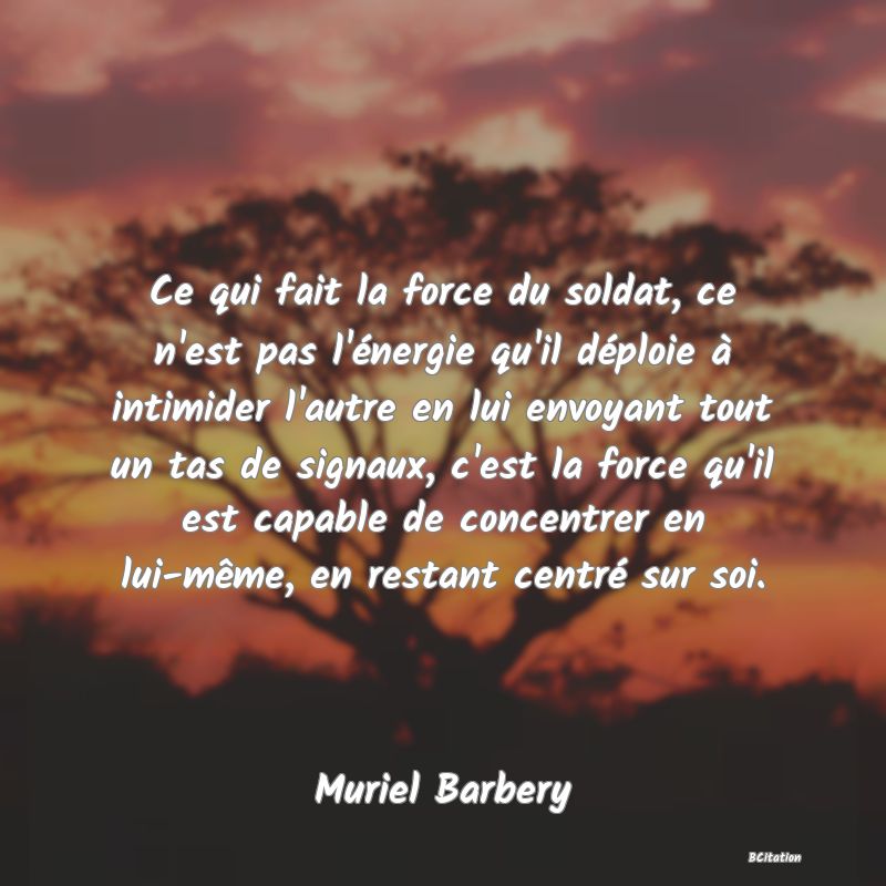 image de citation: Ce qui fait la force du soldat, ce n'est pas l'énergie qu'il déploie à intimider l'autre en lui envoyant tout un tas de signaux, c'est la force qu'il est capable de concentrer en lui-même, en restant centré sur soi.