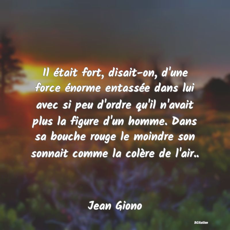 image de citation: Il était fort, disait-on, d'une force énorme entassée dans lui avec si peu d'ordre qu'il n'avait plus la figure d'un homme. Dans sa bouche rouge le moindre son sonnait comme la colère de l'air..