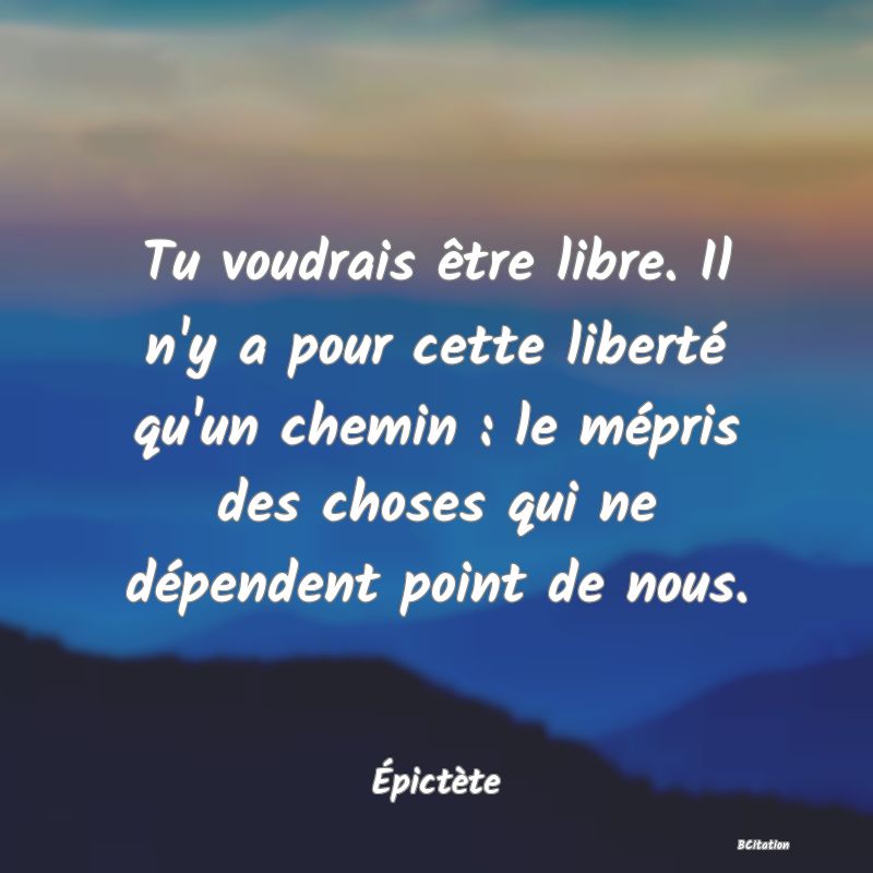 Belle Citation - Tu voudrais être libre. Il n'y a pour cette liberté qu'un chemin : le mépris des choses qui ne dépendent point de nous. - Épictète