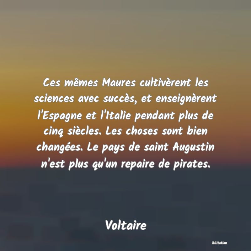 image de citation: Ces mêmes Maures cultivèrent les sciences avec succès, et enseignèrent l'Espagne et l'Italie pendant plus de cinq siècles. Les choses sont bien changées. Le pays de saint Augustin n'est plus qu'un repaire de pirates.