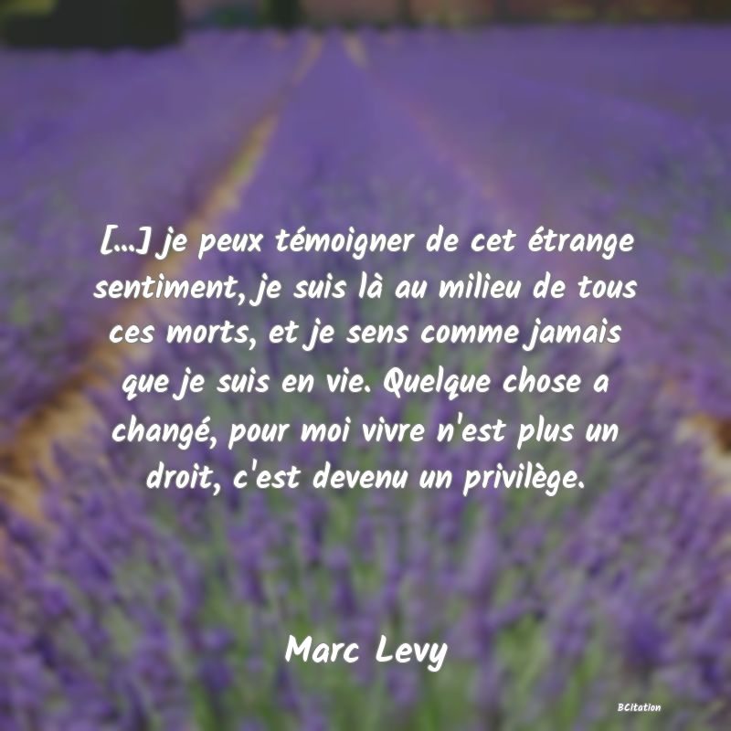 image de citation: [...] je peux témoigner de cet étrange sentiment, je suis là au milieu de tous ces morts, et je sens comme jamais que je suis en vie. Quelque chose a changé, pour moi vivre n'est plus un droit, c'est devenu un privilège.