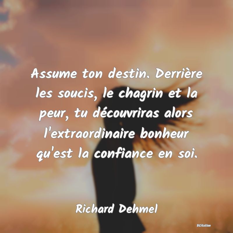 image de citation: Assume ton destin. Derrière les soucis, le chagrin et la peur, tu découvriras alors l'extraordinaire bonheur qu'est la confiance en soi.