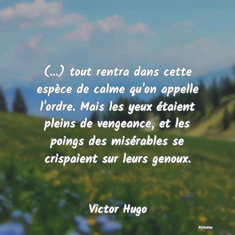 image de citation: (...) tout rentra dans cette espèce de calme qu'on appelle l'ordre. Mais les yeux étaient pleins de vengeance, et les poings des misérables se crispaient sur leurs genoux.