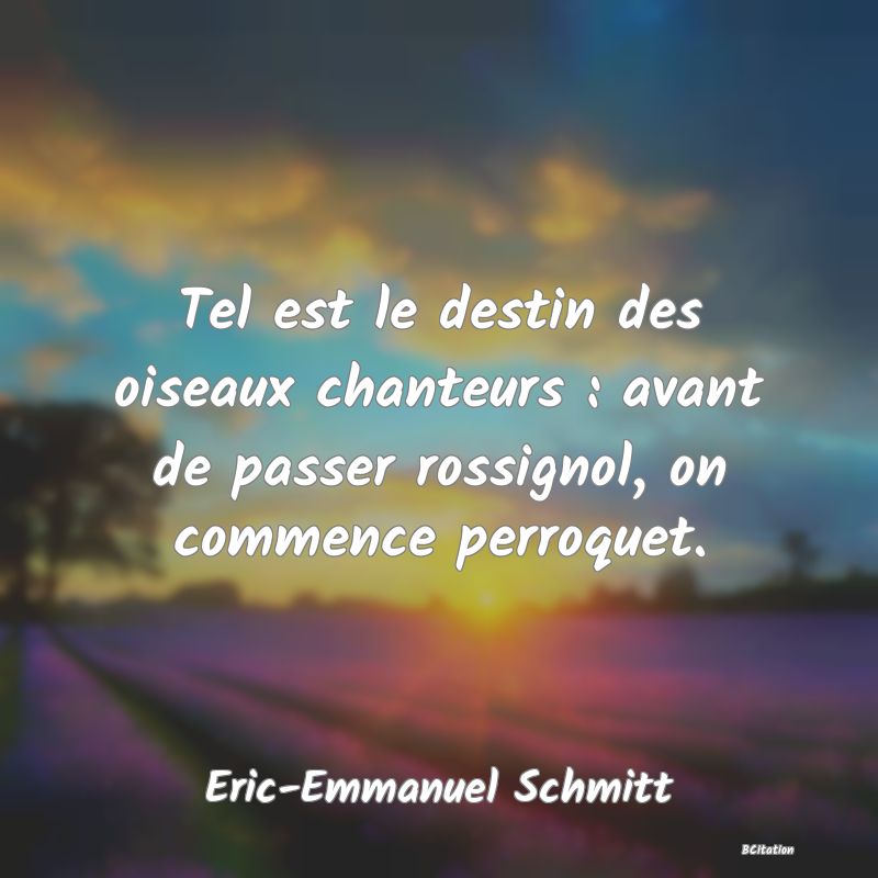 image de citation: Tel est le destin des oiseaux chanteurs : avant de passer rossignol, on commence perroquet.