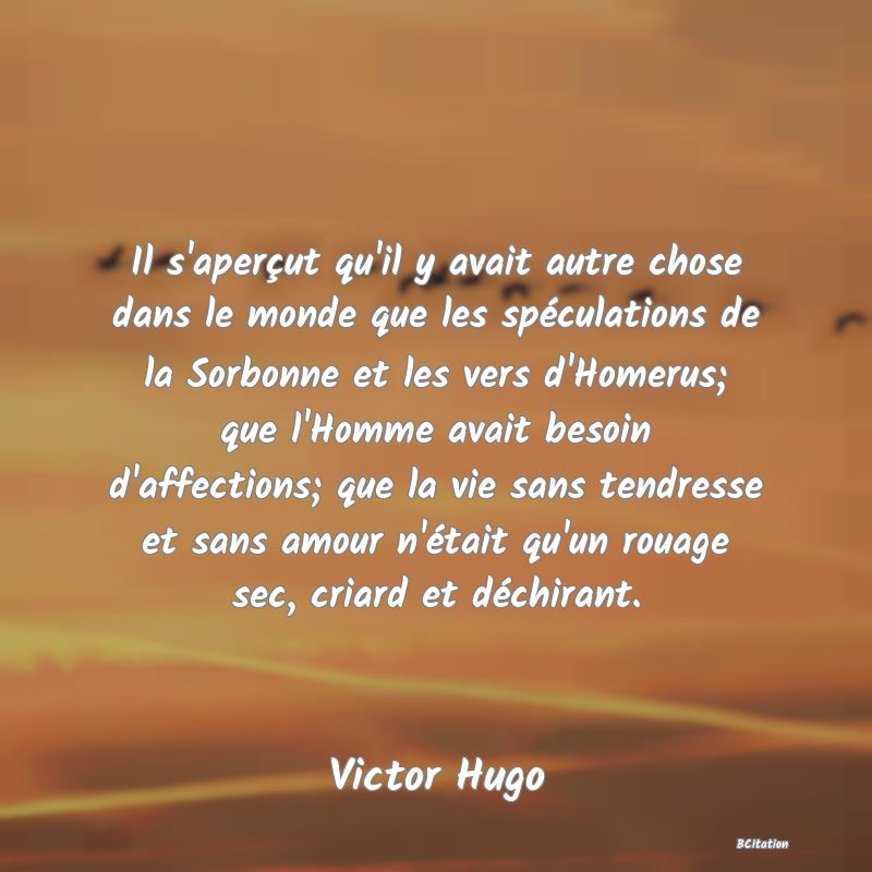 image de citation: Il s'aperçut qu'il y avait autre chose dans le monde que les spéculations de la Sorbonne et les vers d'Homerus; que l'Homme avait besoin d'affections; que la vie sans tendresse et sans amour n'était qu'un rouage sec, criard et déchirant.