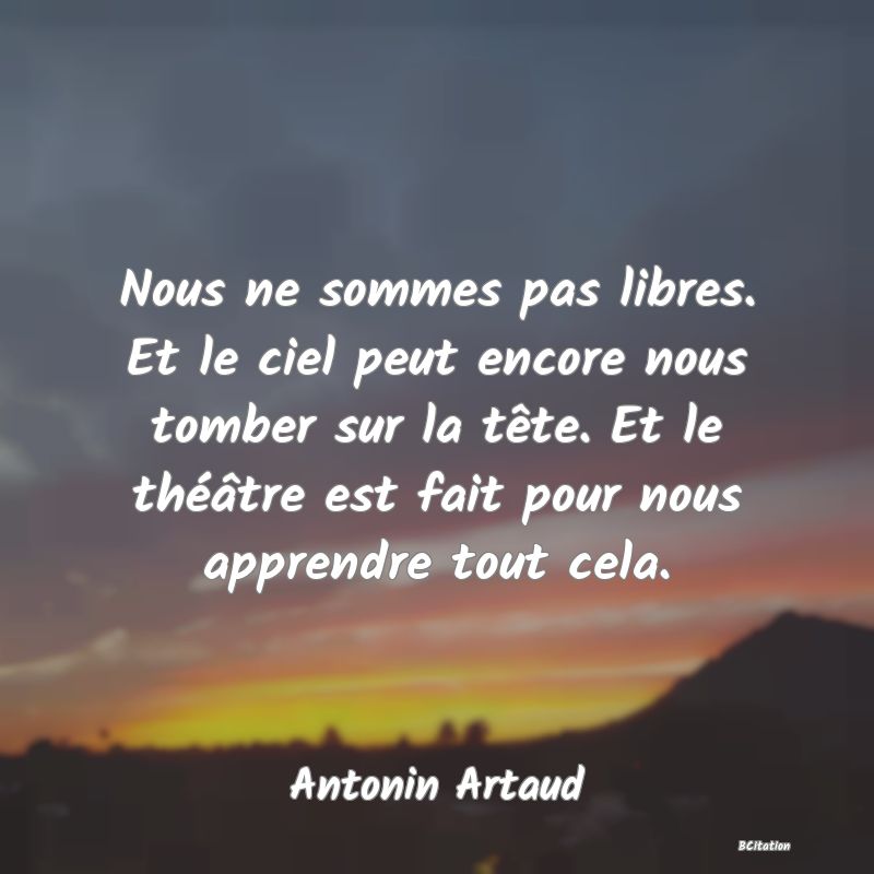 image de citation: Nous ne sommes pas libres. Et le ciel peut encore nous tomber sur la tête. Et le théâtre est fait pour nous apprendre tout cela.