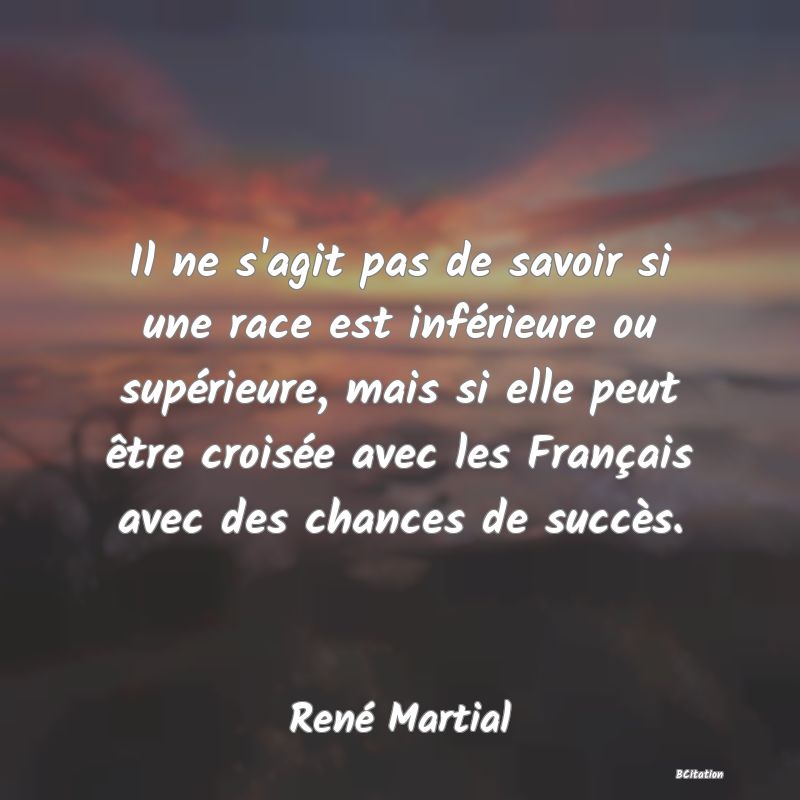 image de citation: Il ne s'agit pas de savoir si une race est inférieure ou supérieure, mais si elle peut être croisée avec les Français avec des chances de succès.