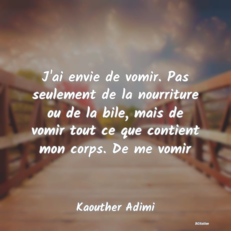 image de citation: J'ai envie de vomir. Pas seulement de la nourriture ou de la bile, mais de vomir tout ce que contient mon corps. De me vomir