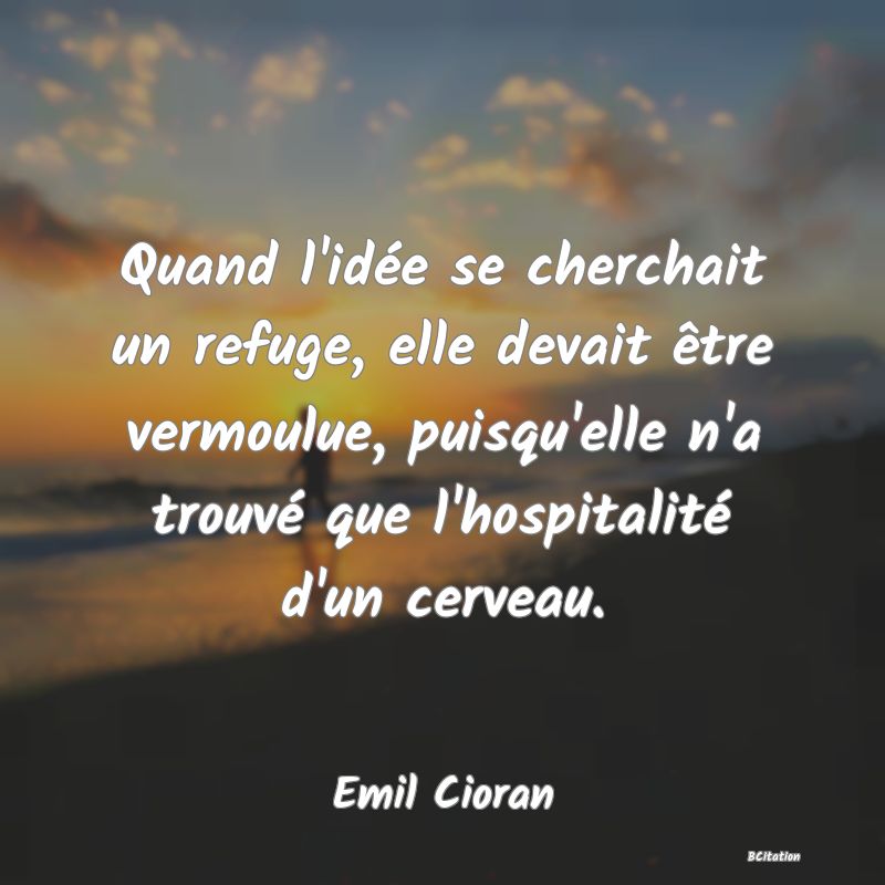 image de citation: Quand l'idée se cherchait un refuge, elle devait être vermoulue, puisqu'elle n'a trouvé que l'hospitalité d'un cerveau.