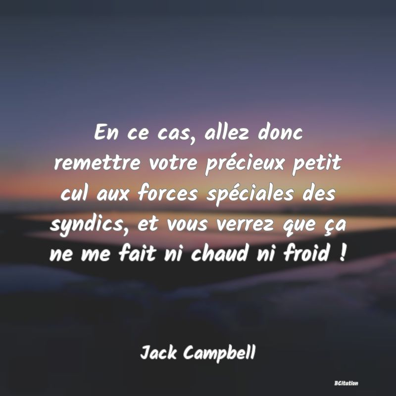 image de citation: En ce cas, allez donc remettre votre précieux petit cul aux forces spéciales des syndics, et vous verrez que ça ne me fait ni chaud ni froid !