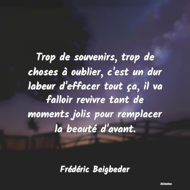Belle Citation - Trop de souvenirs, trop de choses à oublier, c'est un dur labeur d'effacer tout ça, il va falloir revivre tant de moments jolis pour remplacer la beauté d'avant. - Frédéric Beigbeder