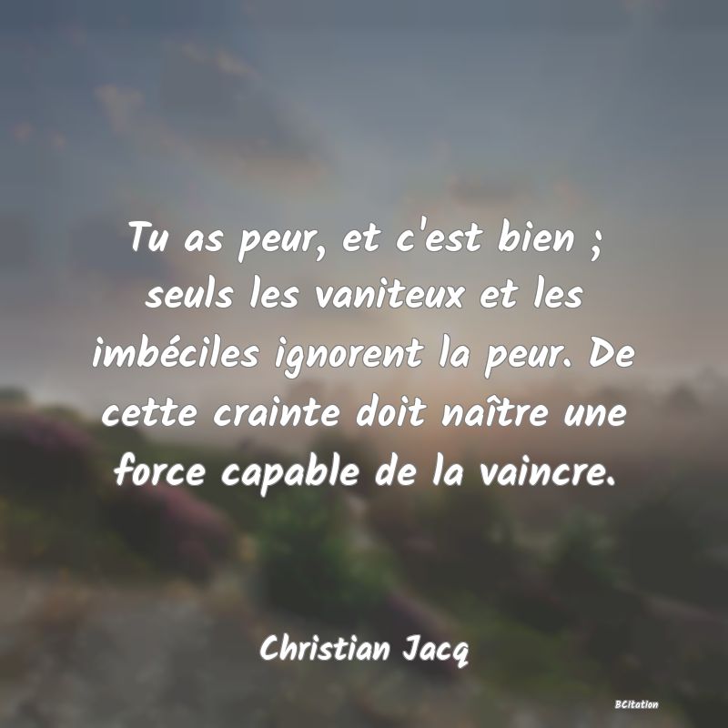 image de citation: Tu as peur, et c'est bien ; seuls les vaniteux et les imbéciles ignorent la peur. De cette crainte doit naître une force capable de la vaincre.