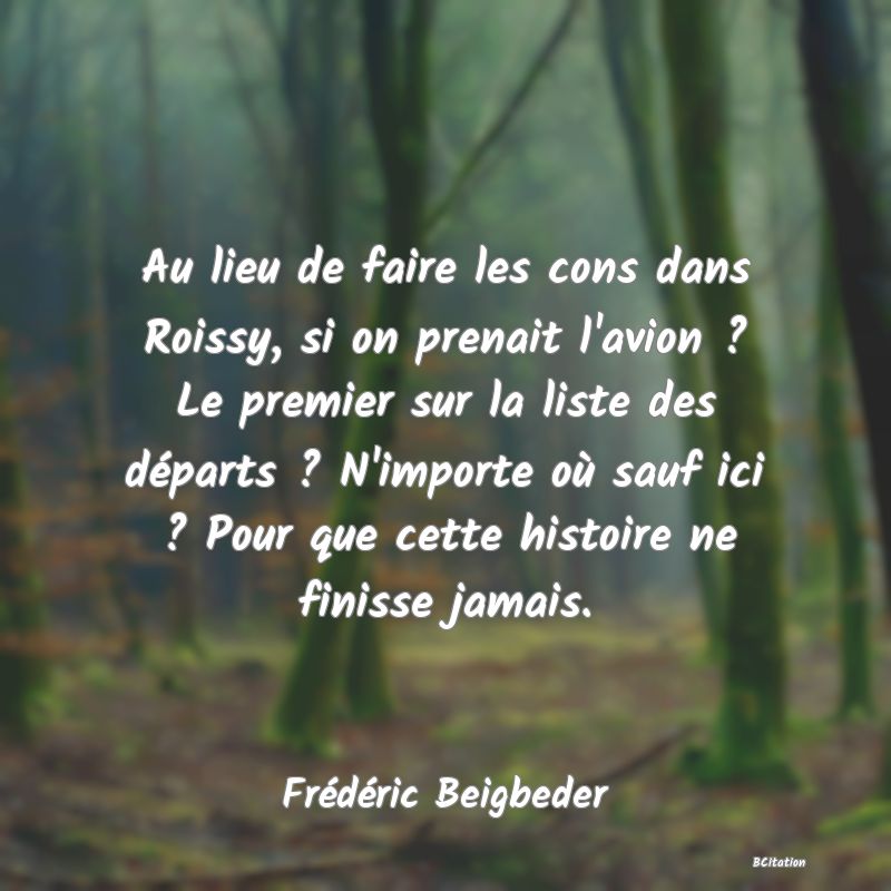 image de citation: Au lieu de faire les cons dans Roissy, si on prenait l'avion ? Le premier sur la liste des départs ? N'importe où sauf ici ? Pour que cette histoire ne finisse jamais.