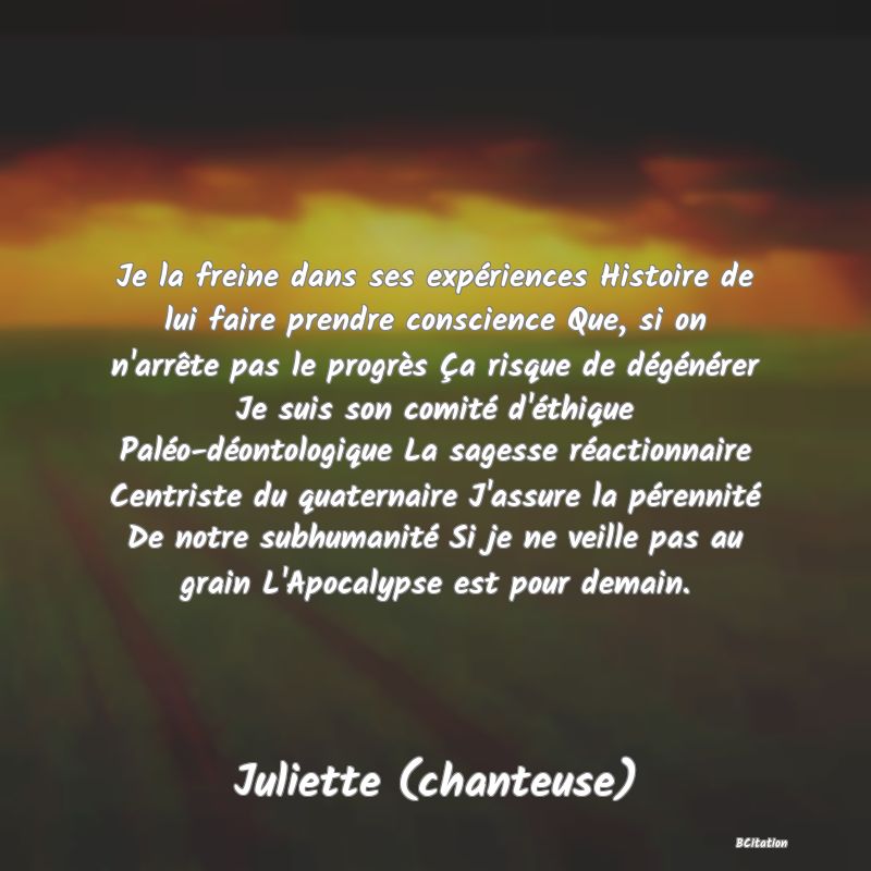 image de citation: Je la freine dans ses expériences Histoire de lui faire prendre conscience Que, si on n'arrête pas le progrès Ça risque de dégénérer Je suis son comité d'éthique Paléo-déontologique La sagesse réactionnaire Centriste du quaternaire J'assure la pérennité De notre subhumanité Si je ne veille pas au grain L'Apocalypse est pour demain.