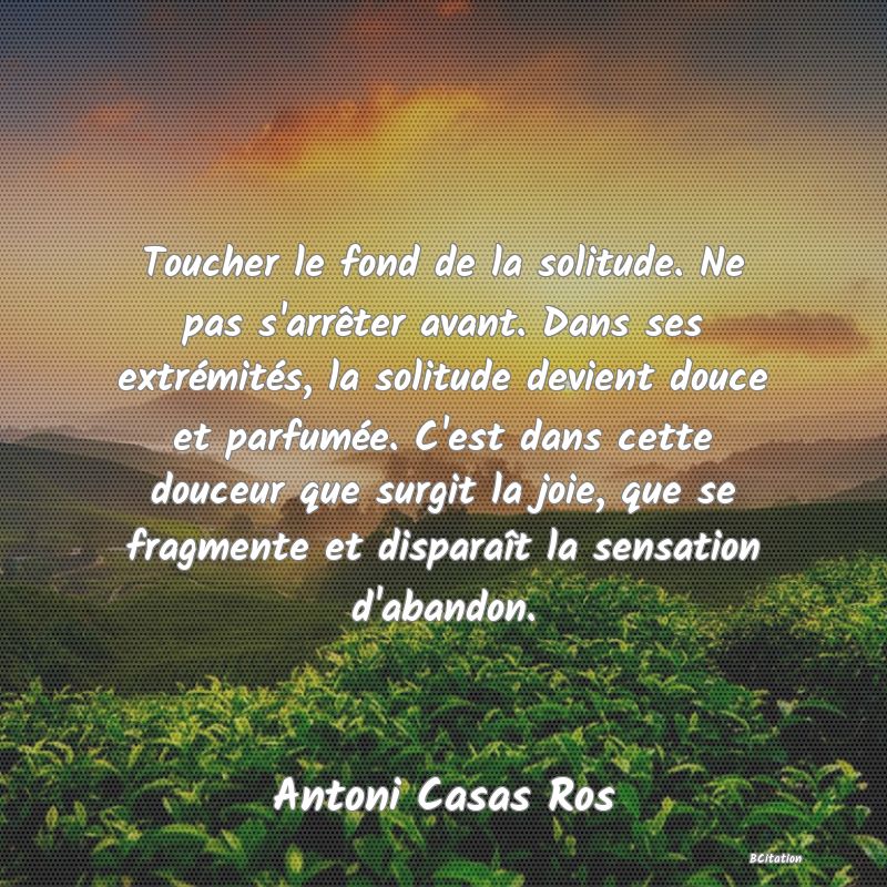 image de citation: Toucher le fond de la solitude. Ne pas s'arrêter avant. Dans ses extrémités, la solitude devient douce et parfumée. C'est dans cette douceur que surgit la joie, que se fragmente et disparaît la sensation d'abandon.