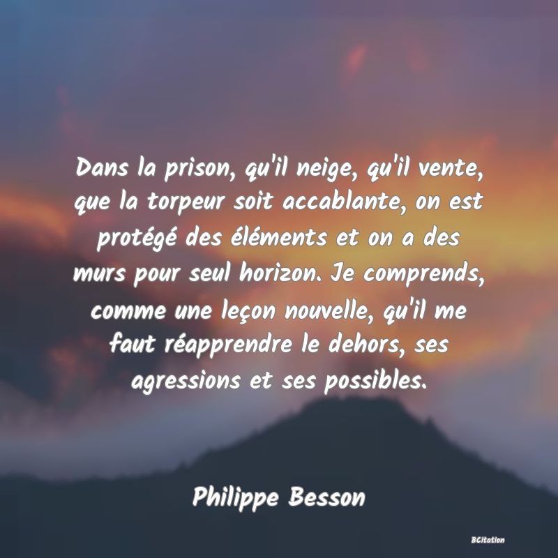 image de citation: Dans la prison, qu'il neige, qu'il vente, que la torpeur soit accablante, on est protégé des éléments et on a des murs pour seul horizon. Je comprends, comme une leçon nouvelle, qu'il me faut réapprendre le dehors, ses agressions et ses possibles.